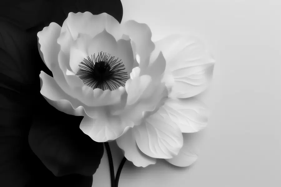 carta da parati Un fiore bianco che crea un contrasto con il centro scuro su uno sfondo bianco e nero nr. w09852