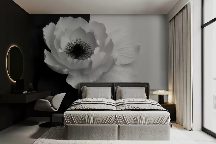 carta da parati Un fiore bianco che crea un contrasto con il centro scuro su uno sfondo bianco e nero nr. w09852