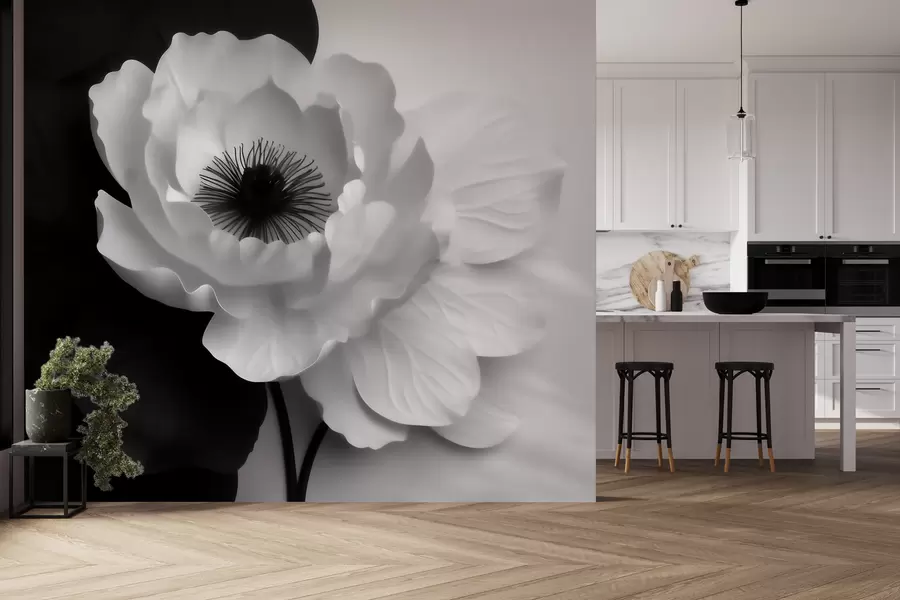 carta da parati Un fiore bianco che crea un contrasto con il centro scuro su uno sfondo bianco e nero nr. w09852