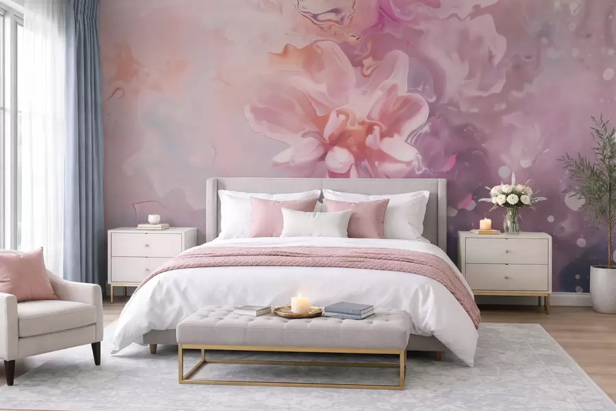 carta da parati Una composizione astratta con un fiore e delicate sfumature rosa in stile acquerello nr. w09859