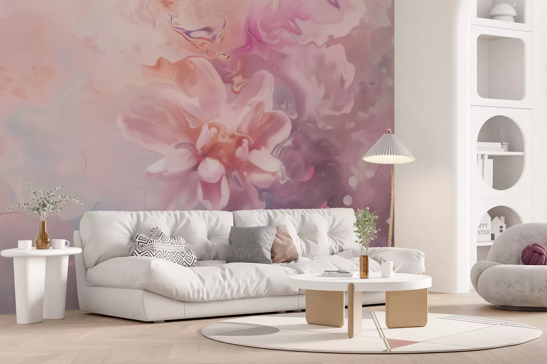 carta da parati Una composizione astratta con un fiore e delicate sfumature rosa in stile acquerello nr. w09859