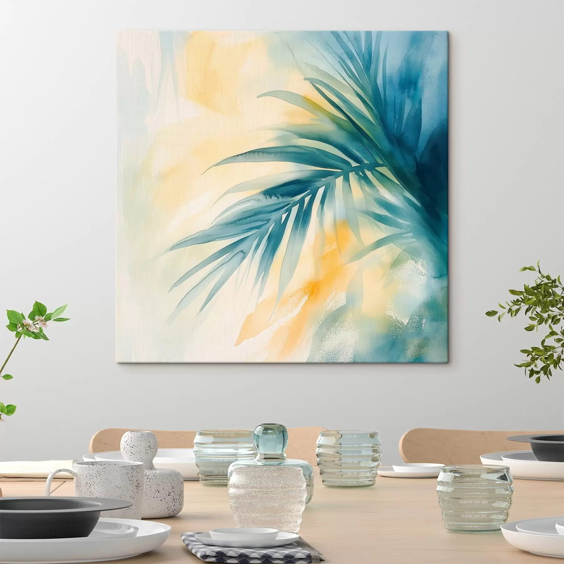 carta da parati Foglie di palma tropicali in una palette di blu e turchese su uno sfondo di calde macchie acquerellate nr. s48849