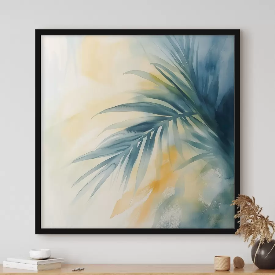 carta da parati Foglie di palma tropicali in una palette di blu e turchese su uno sfondo di calde macchie acquerellate nr. f48849