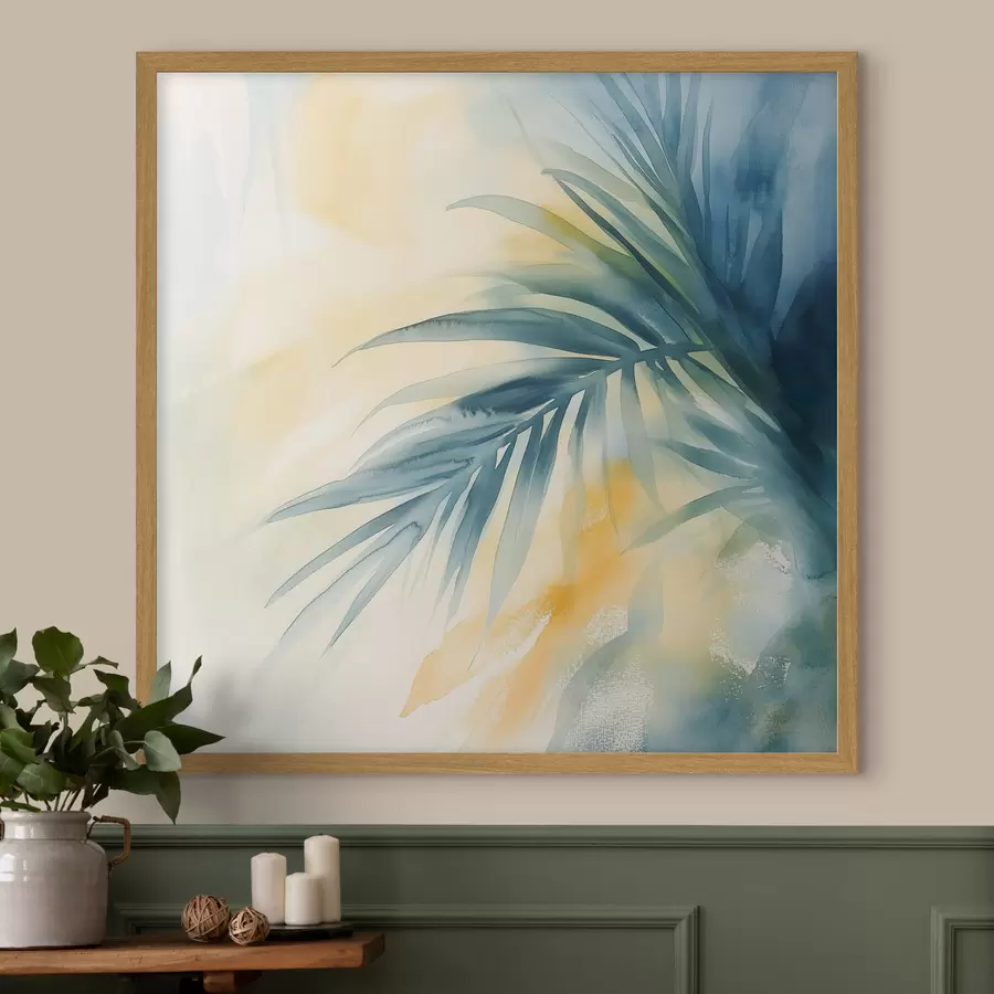 carta da parati Foglie di palma tropicali in una palette di blu e turchese su uno sfondo di calde macchie acquerellate nr. f48849