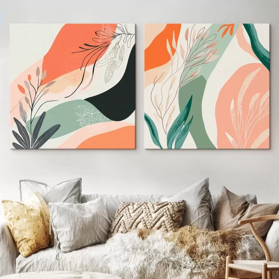 carta da parati Dittico astratto con motivi vegetali e macchie di colore in stile moderno nr. m30347