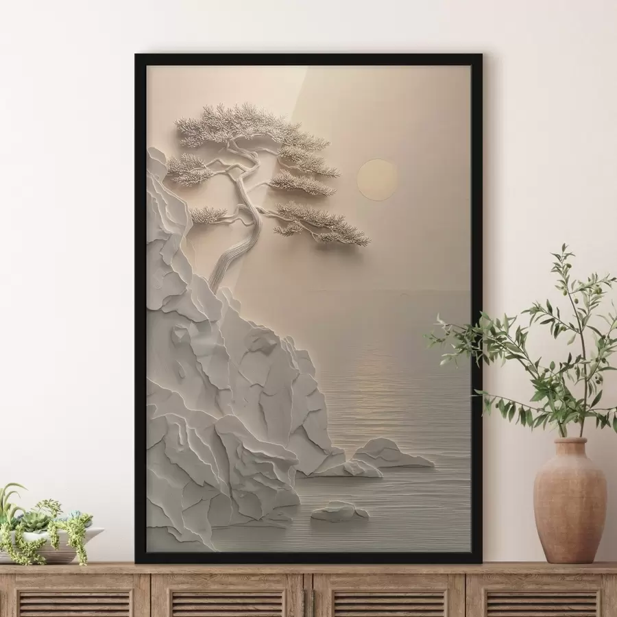 carta da parati un albero su un pendio in riva al mare, in stile bassorilievo nr. f49001