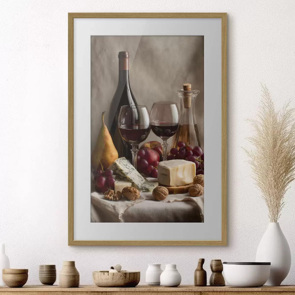 Poster natura morta con vino e formaggio f49002