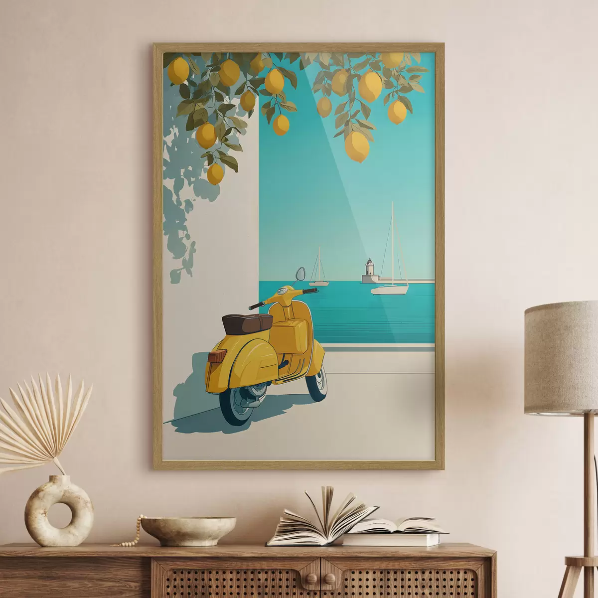 Poster un ciclomotore in riva al mare sotto gli alberi di limone f49008