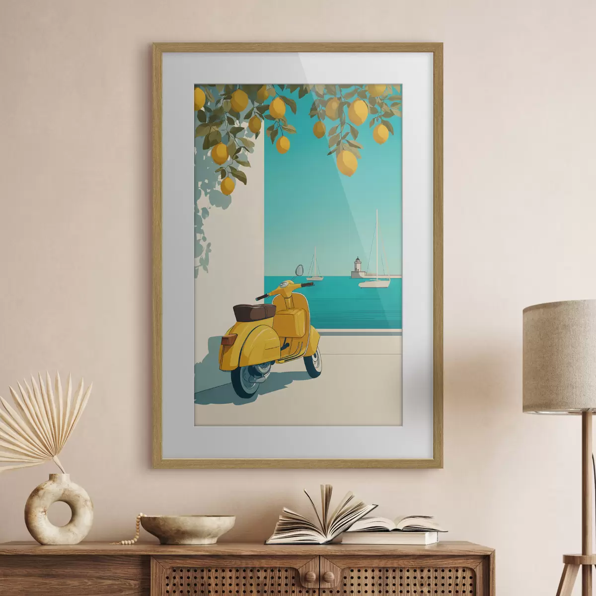 Poster un ciclomotore in riva al mare sotto gli alberi di limone f49008