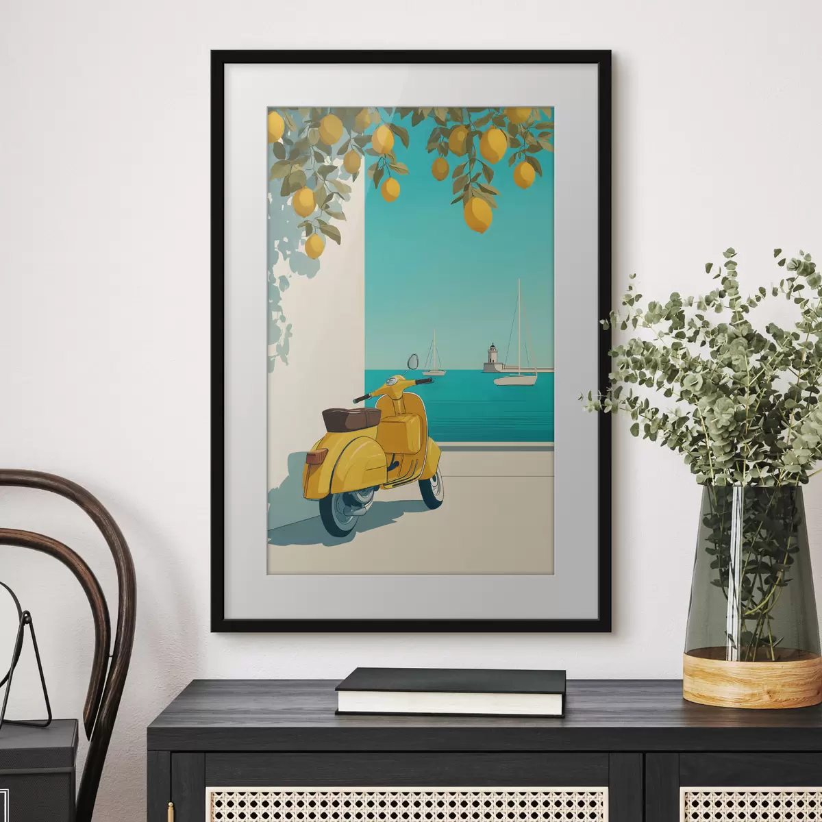 Poster un ciclomotore in riva al mare sotto gli alberi di limone f49008