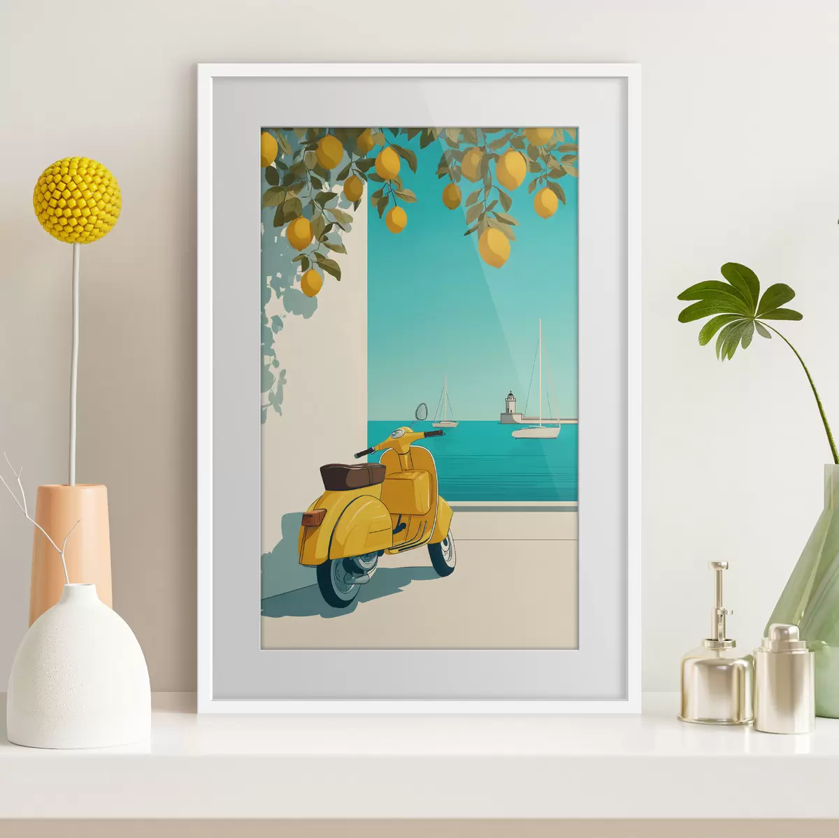 Poster un ciclomotore in riva al mare sotto gli alberi di limone f49008