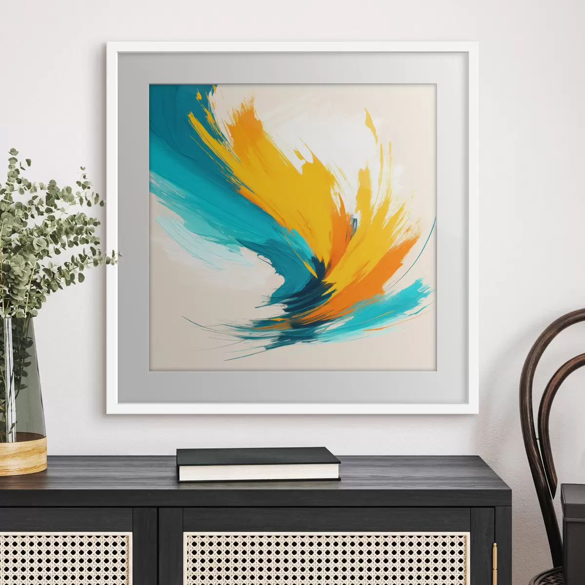 Poster Un vortice energico nei toni del giallo e del blu in uno stile pittorico contemporaneo f48856