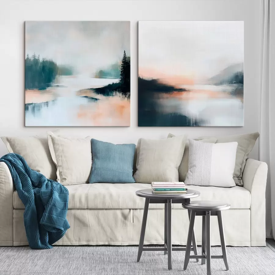 carta da parati Paesaggio nebbioso con alberi di conifere e un lago, in stile pittorico contemporaneo nr. m30357