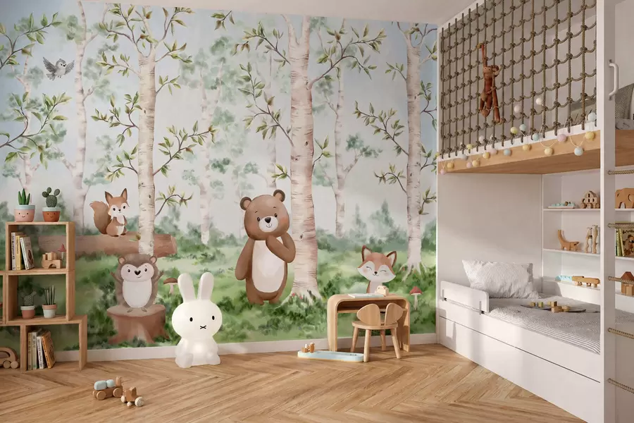 carta da parati Un'illustrazione per bambini che raffigura una foresta con un orso, una volpe e un riccio nr. w05532