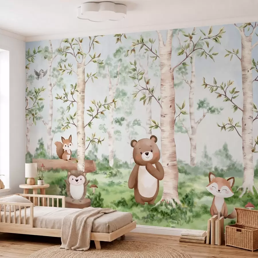carta da parati Un'illustrazione per bambini che raffigura una foresta con un orso, una volpe e un riccio nr. w05532