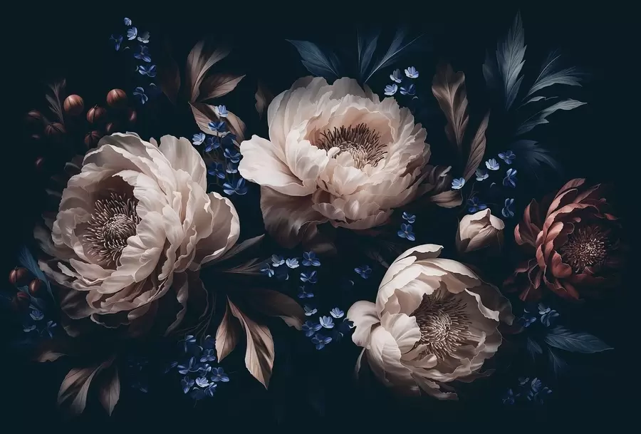 carta da parati Composizione floreale dai toni scuri con fiori e foglie di grandi dimensioni nr. w05533