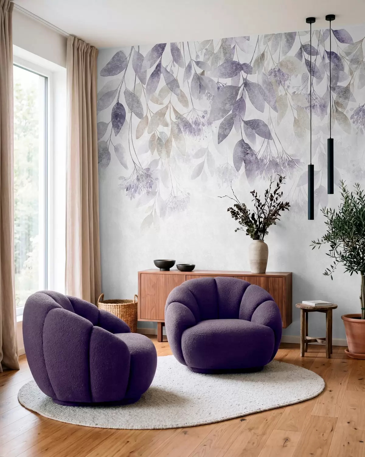 carta da parati foglie ricche di texture che ricadono a cascata, con fiori nei toni del viola e del beige nr. w05565v3