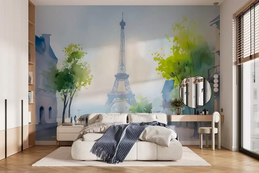 Carta da parati con la vista di città Parigi, un paesaggio urbano in stile acquerello à la prima 