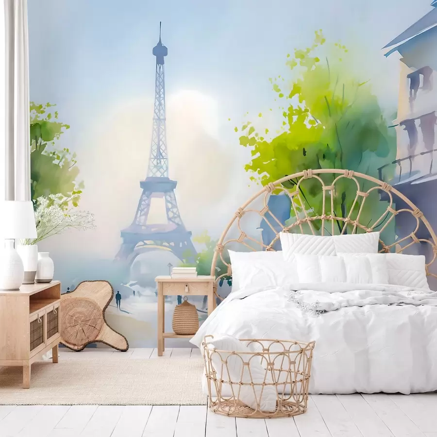 Carta da parati con la vista di città Parigi, un paesaggio urbano in stile acquerello à la prima 