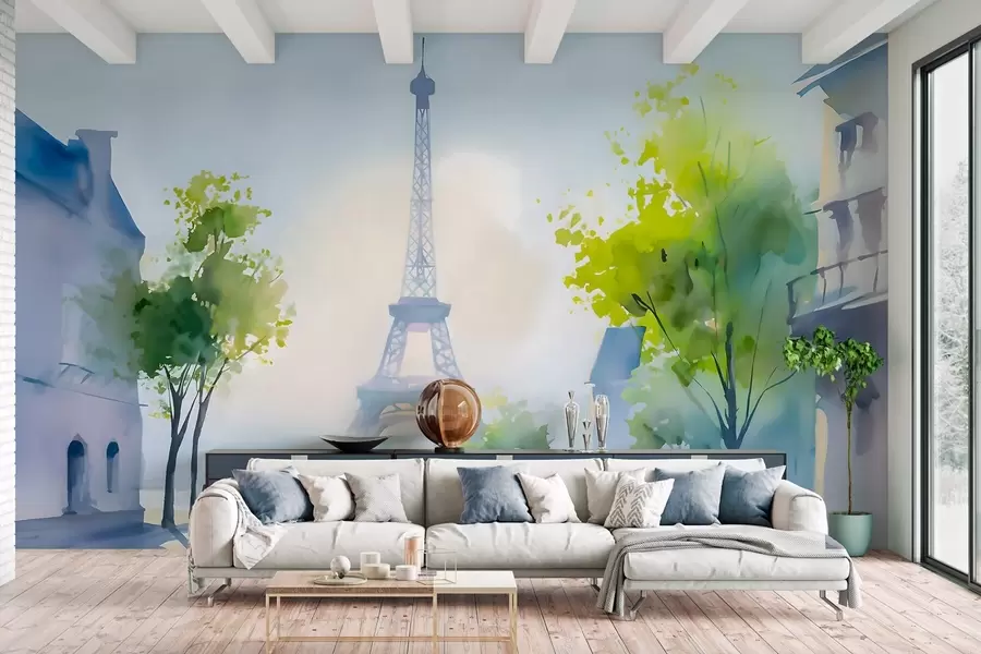 Carta da parati con la vista di città Parigi, un paesaggio urbano in stile acquerello à la prima 