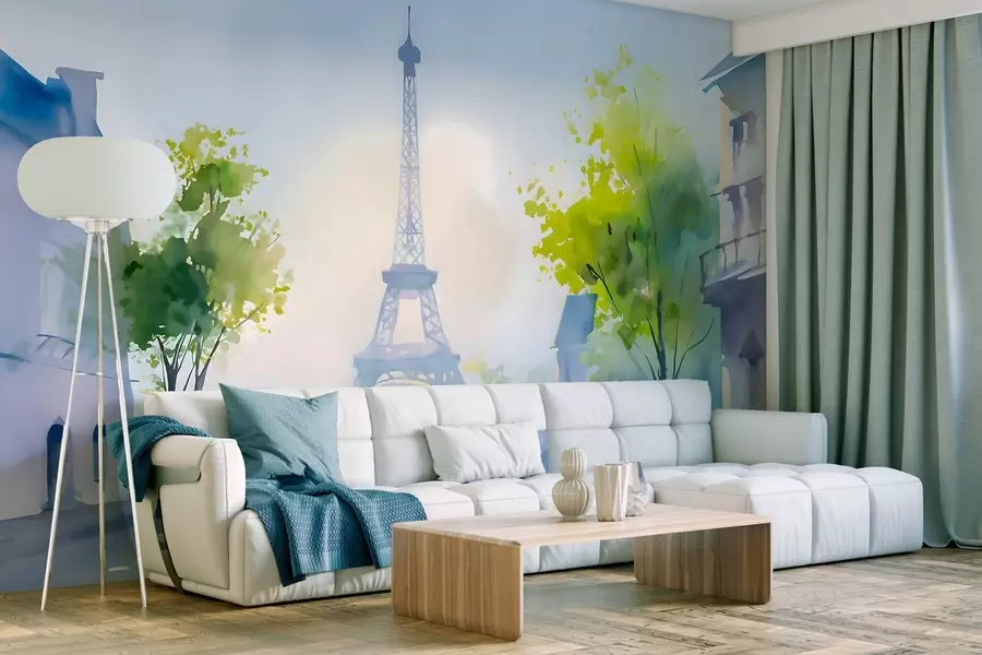 Carta da parati con la vista di città Parigi, un paesaggio urbano in stile acquerello à la prima 