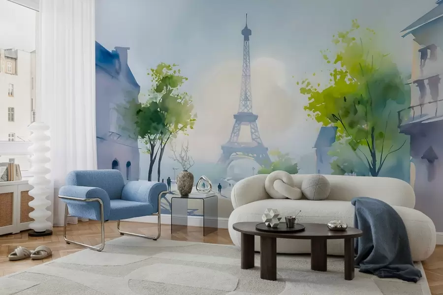 Carta da parati con la vista di città Parigi, un paesaggio urbano in stile acquerello à la prima 