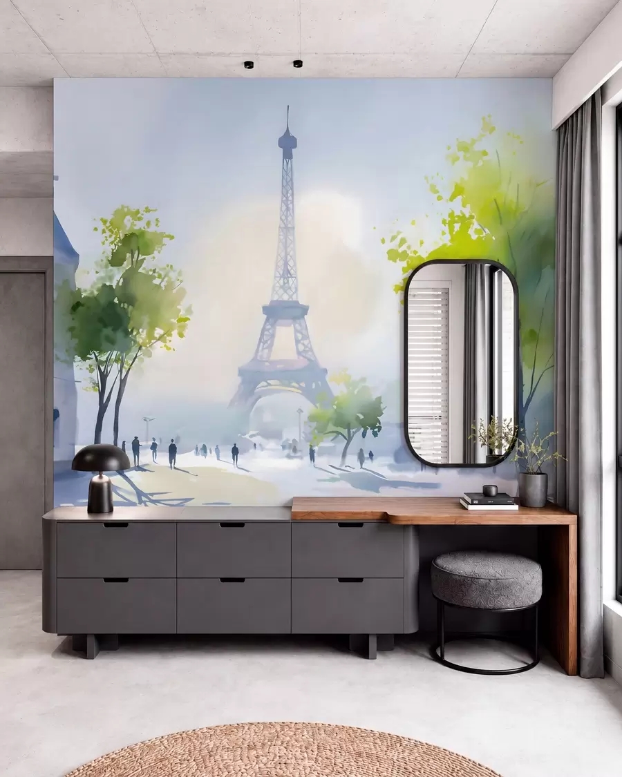 Carta da parati con la vista di città Parigi, un paesaggio urbano in stile acquerello à la prima 