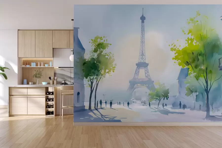 Carta da parati con la vista di città Parigi, un paesaggio urbano in stile acquerello à la prima 