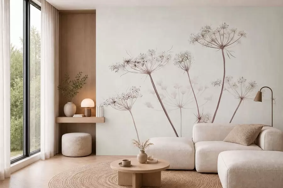 Carta da parati Fiori grandi Ombrelle essiccate su uno sfondo chiaro e minimalista n. w05543
