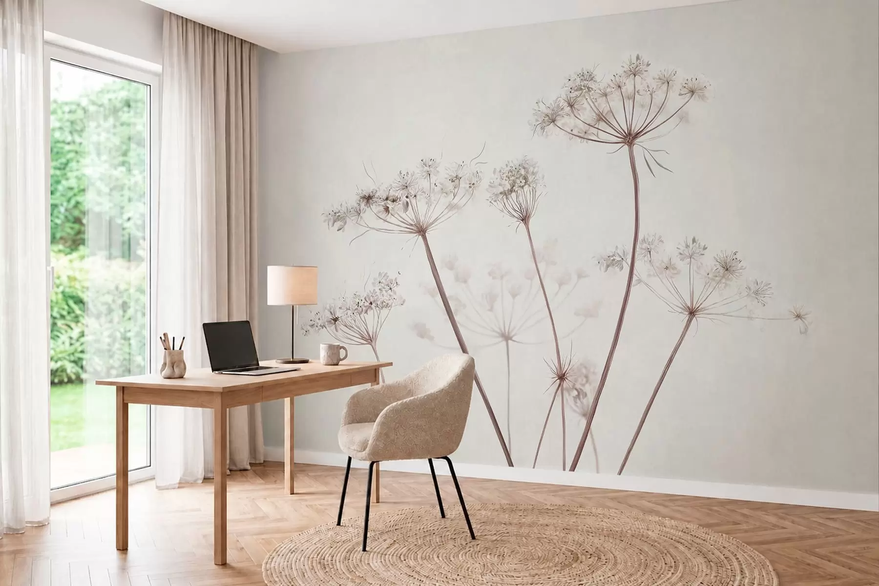 Carta da parati Fiori grandi Ombrelle essiccate su uno sfondo chiaro e minimalista n. w05543