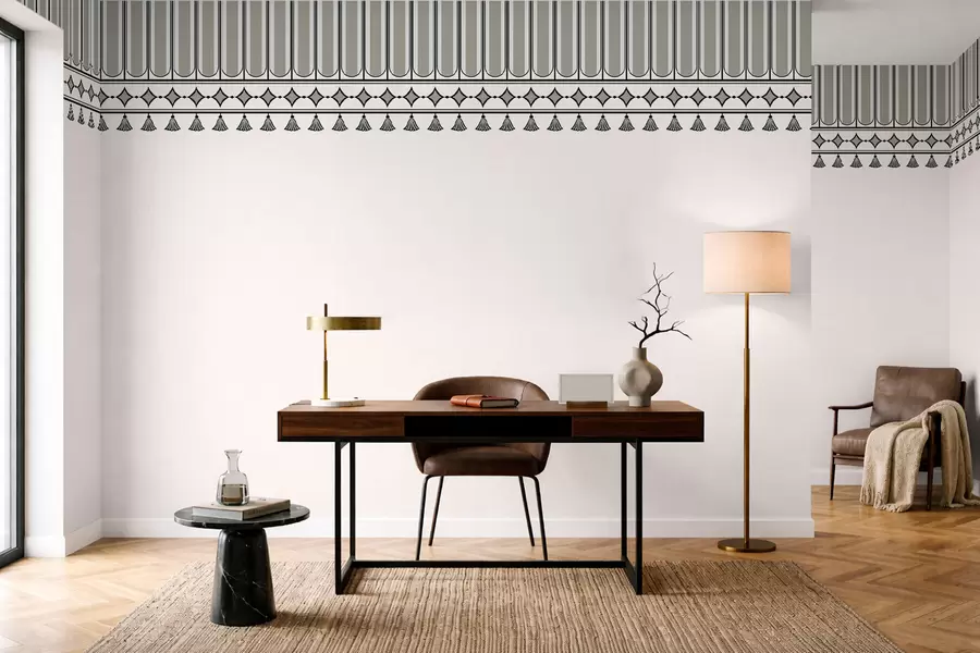 carta da parati Bordo decorativo con nappine nei toni del verde e del grigio nr. w05544v2