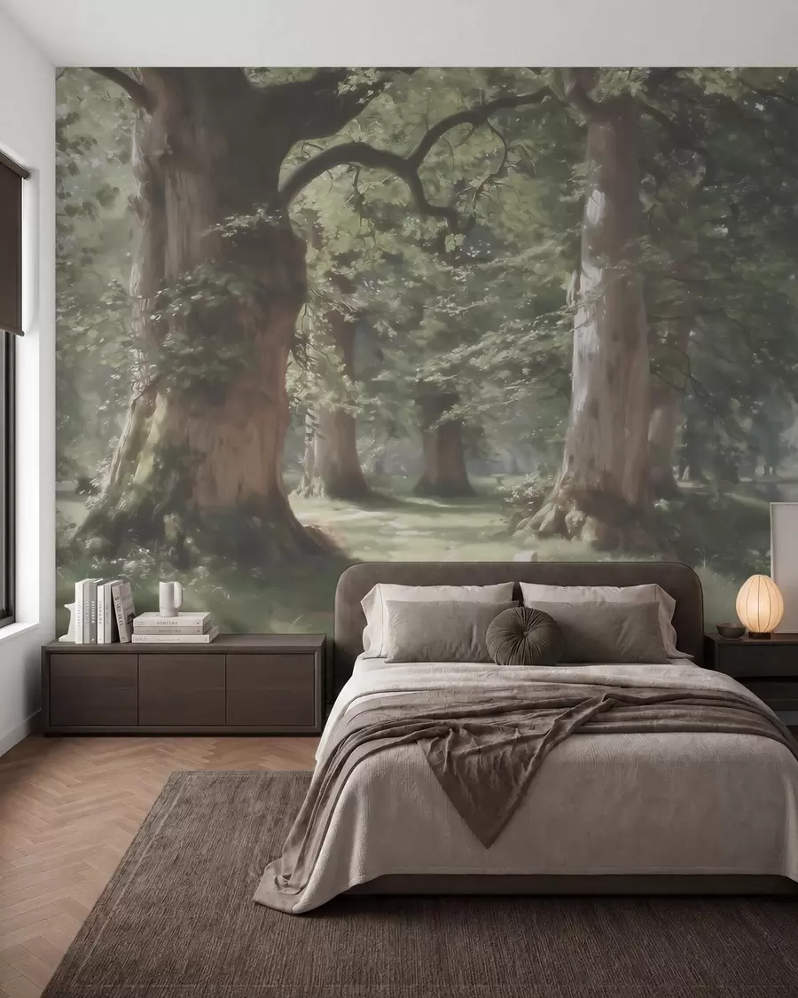 Carta da parati nature Paesaggio boschivo da fiaba in una delicata palette di verde e beige, in stile pittorico 