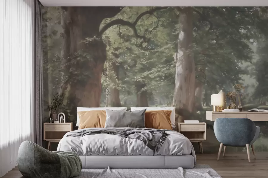 Carta da parati nature Paesaggio boschivo da fiaba in una delicata palette di verde e beige, in stile pittorico 