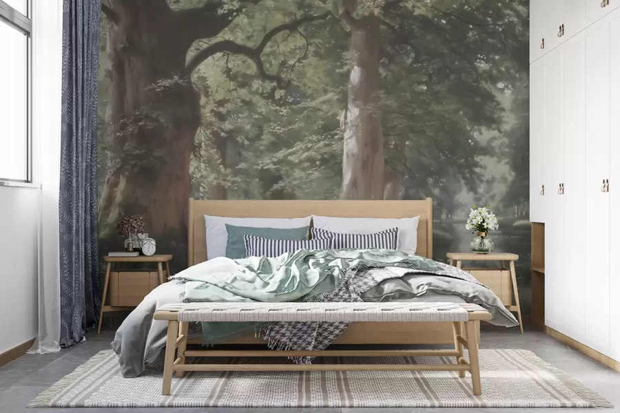 Carta da parati nature Paesaggio boschivo da fiaba in una delicata palette di verde e beige, in stile pittorico 