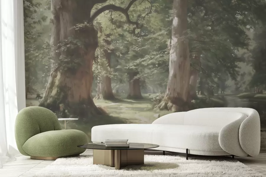 Carta da parati nature Paesaggio boschivo da fiaba in una delicata palette di verde e beige, in stile pittorico 