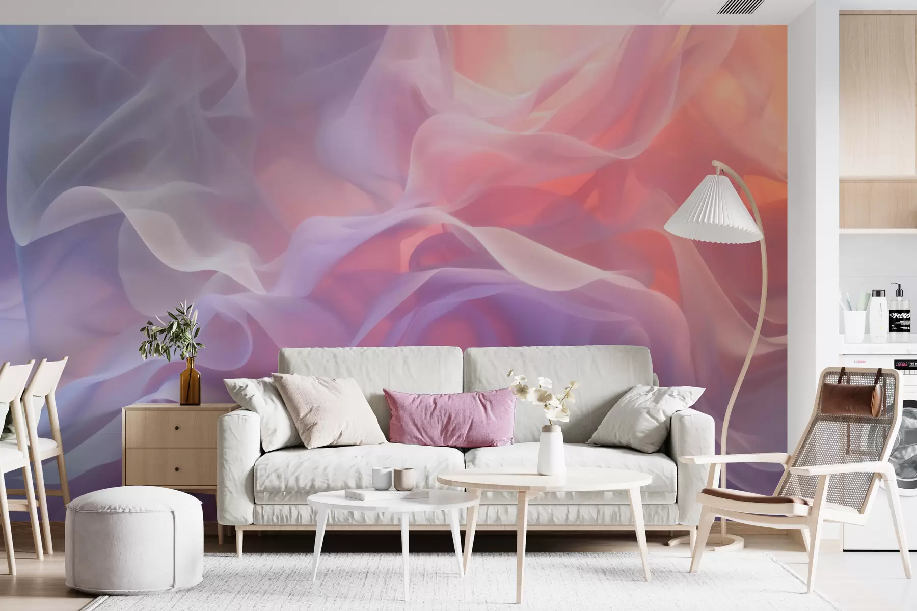 carta da parati Astrazione ariosa con onde traslucide in una palette di colori rosa-lilla nr. w09851