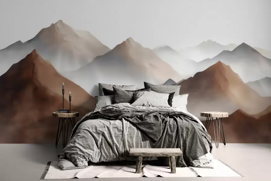 Carta da parati nature Cime montuose avvolte dalla nebbia in una palette di colori beige-marroni in stile acquerello 