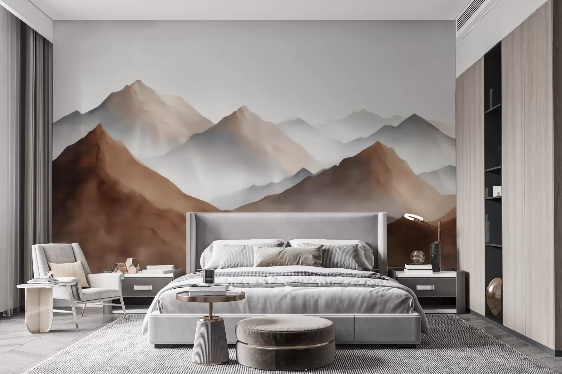 Carta da parati nature Cime montuose avvolte dalla nebbia in una palette di colori beige-marroni in stile acquerello 
