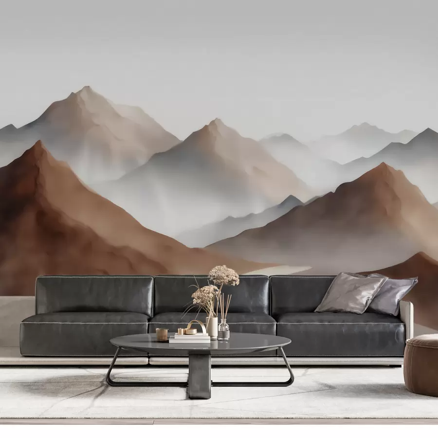 carta da parati Cime montuose avvolte dalla nebbia in una palette di colori beige-marroni in stile acquerello nr. w09857