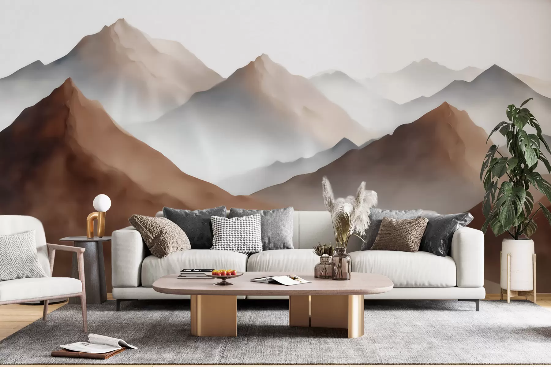 Carta da parati nature Cime montuose avvolte dalla nebbia in una palette di colori beige-marroni in stile acquerello 