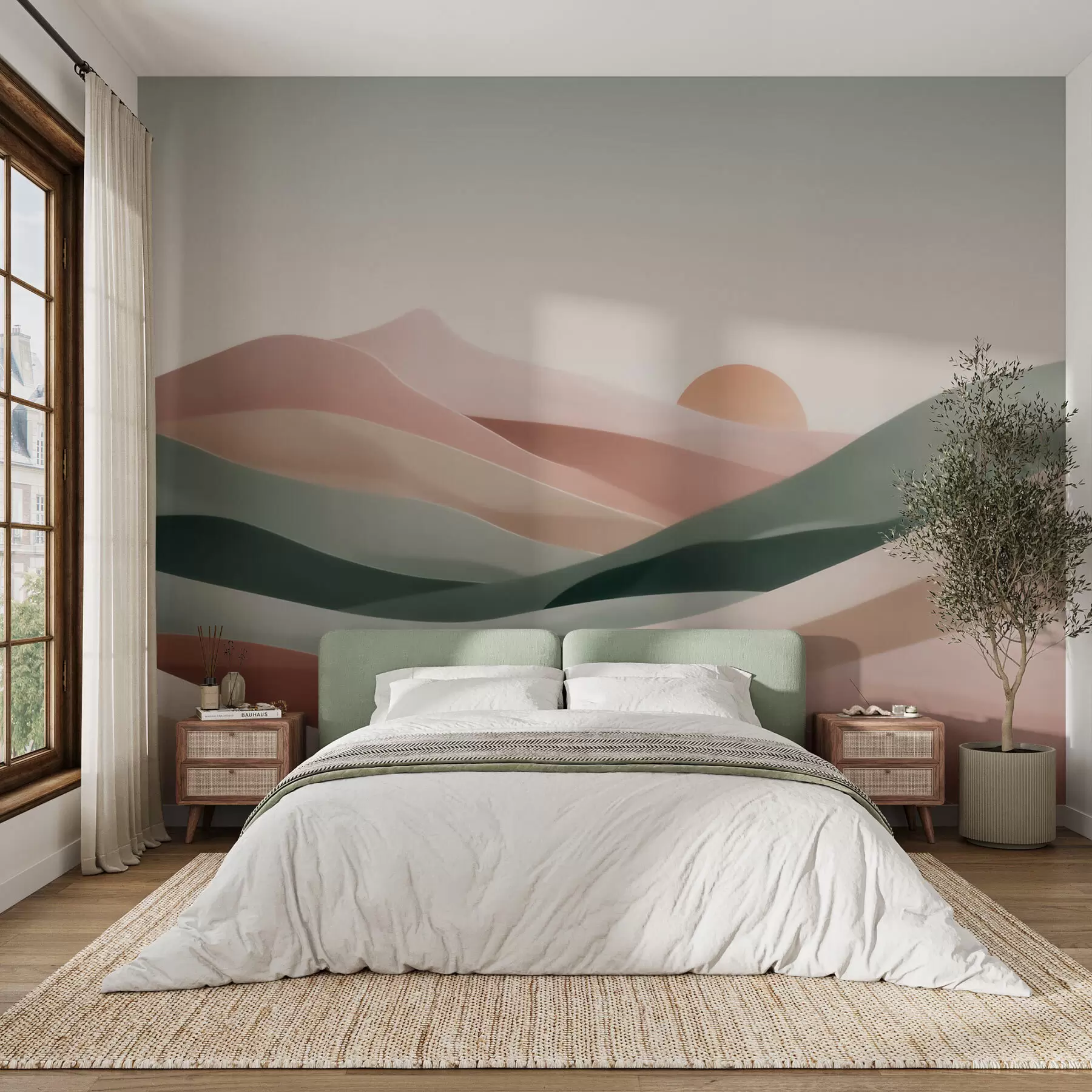 carta da parati Paesaggio desertico astratto in una palette di colori pastello verde-rosa, minimalismo nr. w09860