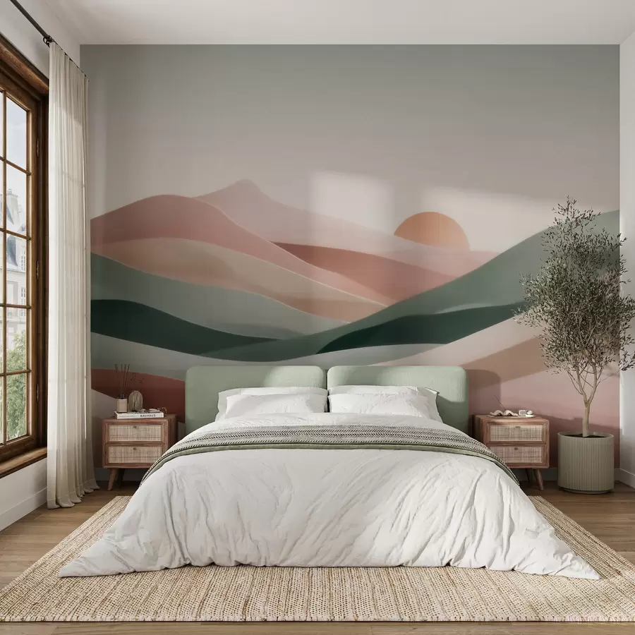 carta da parati Paesaggio desertico astratto in una palette di colori pastello verde-rosa, minimalismo nr. w09860