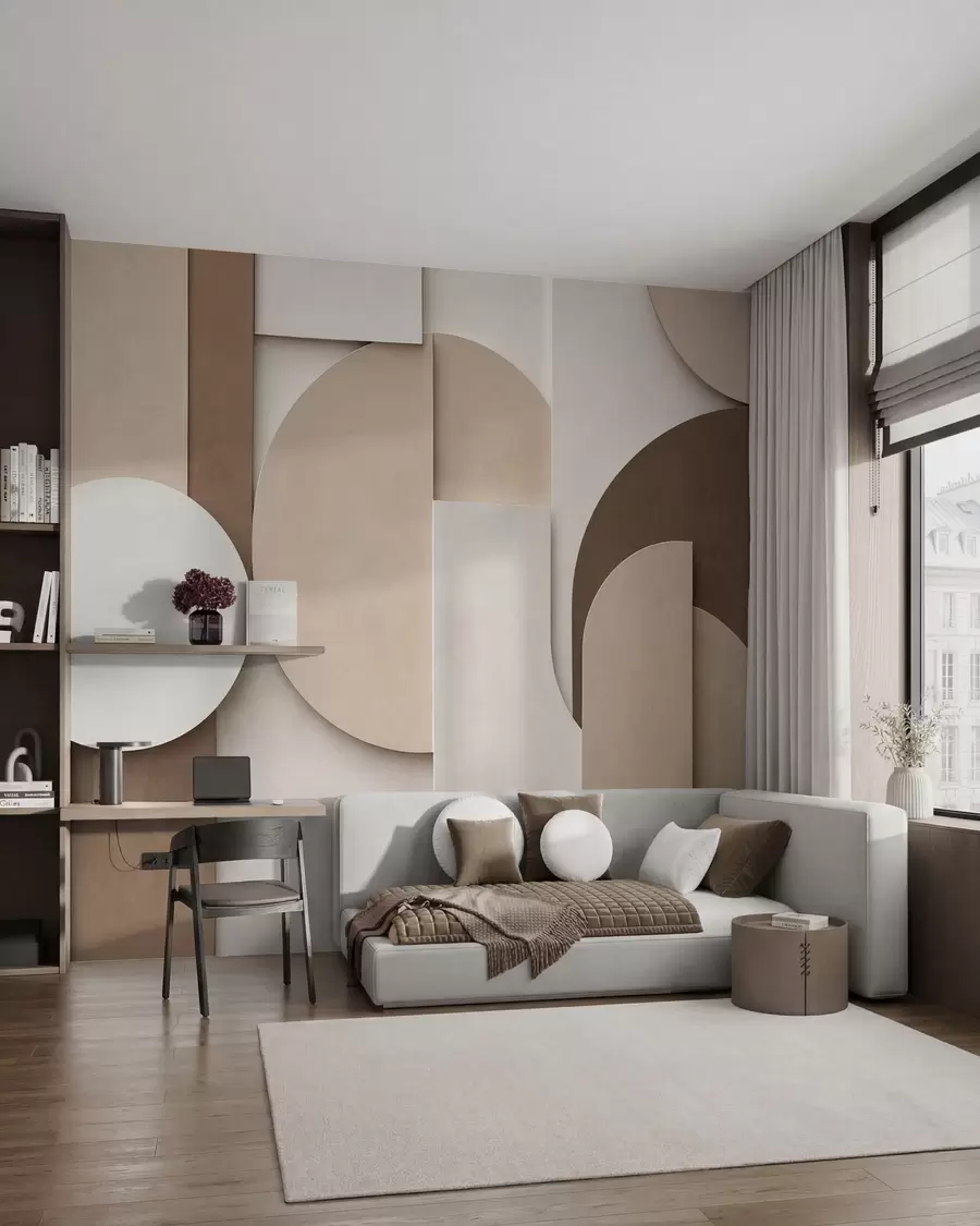 carta da parati Forme geometriche beige in rilievo disposte in una composizione tridimensionale a strati: un'opera d'arte da parete in stile minimalista e moderno nr. w05598