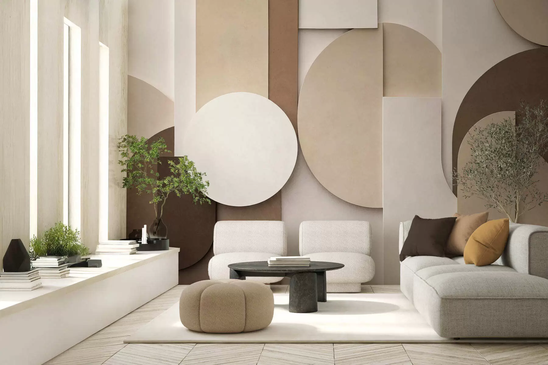 carta da parati Forme geometriche beige in rilievo disposte in una composizione tridimensionale a strati: un'opera d'arte da parete in stile minimalista e moderno nr. w05598