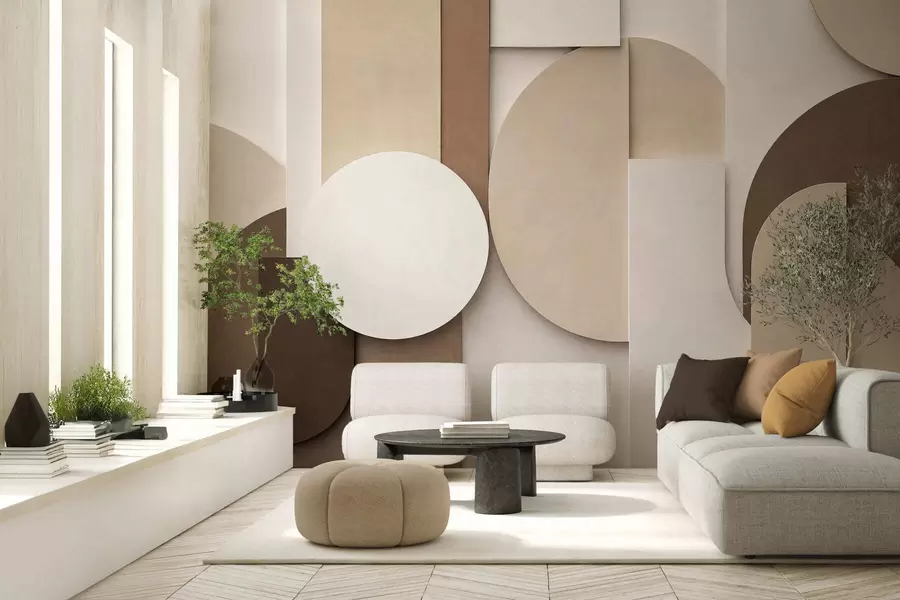 carta da parati Forme geometriche beige in rilievo disposte in una composizione tridimensionale a strati: un'opera d'arte da parete in stile minimalista e moderno nr. w05598