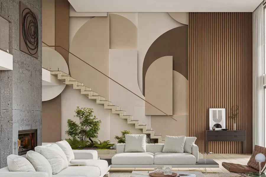 carta da parati Forme geometriche beige in rilievo disposte in una composizione tridimensionale a strati: un'opera d'arte da parete in stile minimalista e moderno nr. w05598
