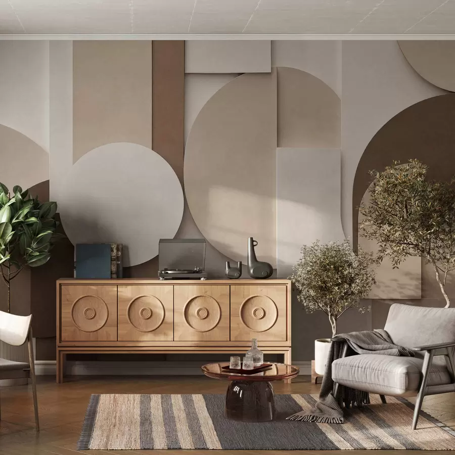 carta da parati Forme geometriche beige in rilievo disposte in una composizione tridimensionale a strati: un'opera d'arte da parete in stile minimalista e moderno nr. w05598