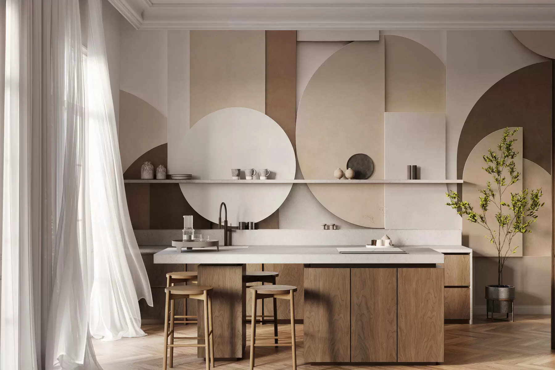 carta da parati Forme geometriche beige in rilievo disposte in una composizione tridimensionale a strati: un'opera d'arte da parete in stile minimalista e moderno nr. w05598
