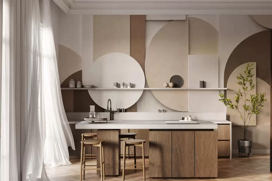 carta da parati Forme geometriche beige in rilievo disposte in una composizione tridimensionale a strati: un'opera d'arte da parete in stile minimalista e moderno nr. w05598