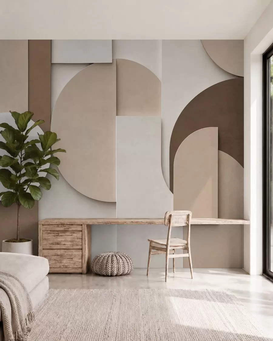 carta da parati Forme geometriche beige in rilievo disposte in una composizione tridimensionale a strati: un'opera d'arte da parete in stile minimalista e moderno nr. w05598